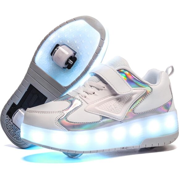 Kid's New Upgraded Wheels Shiny Dark Roller Skates Skate Beautiful White Shoes - Picture 1 of 6